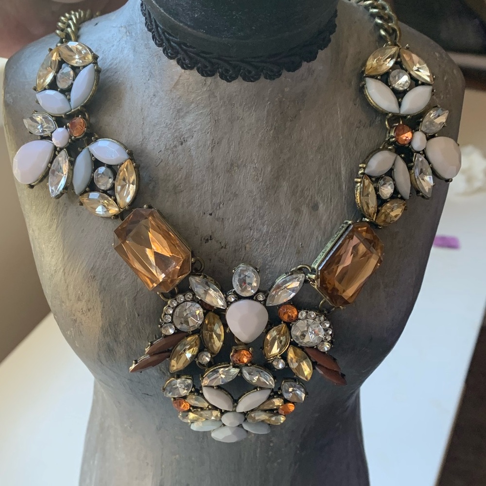 Amber & White Rhinestone Bib Necklace Woman’s Statement Necklace Jewelry